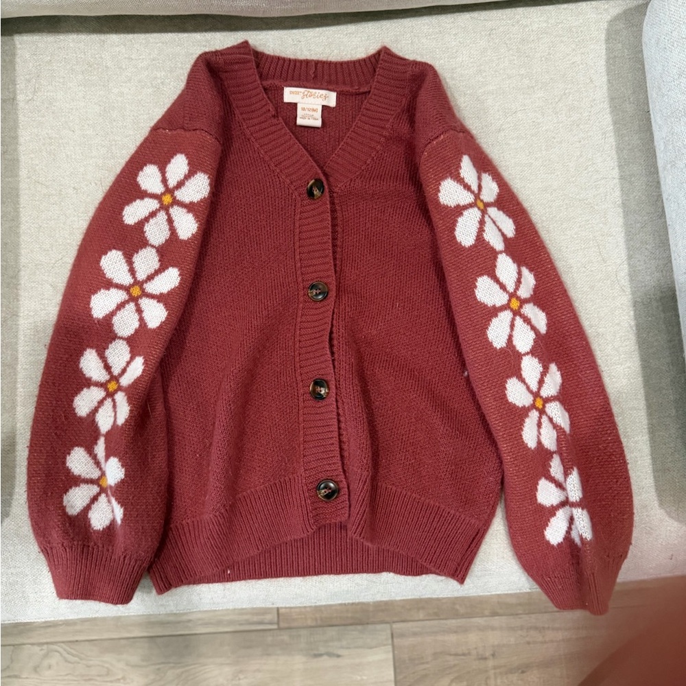 Kids Rust Floral-Sleeve Button Cardigan